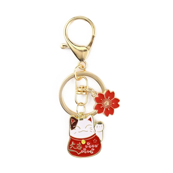 

PandaHall Chinese Style Alloy Enamel Keychains, with Iron Lobster Clasp and Rings, Cat with Flower, Red, 9.15cm Alloy Cat Shape Red