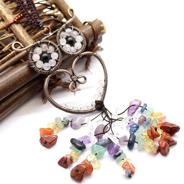 

PandaHall Rose Quartz Owl Pendant Decorations, Colorful Gemstone Chip Beaded Tassel Hanging Ornament, with Metal Frame, 18cm Rose Quartz Owl