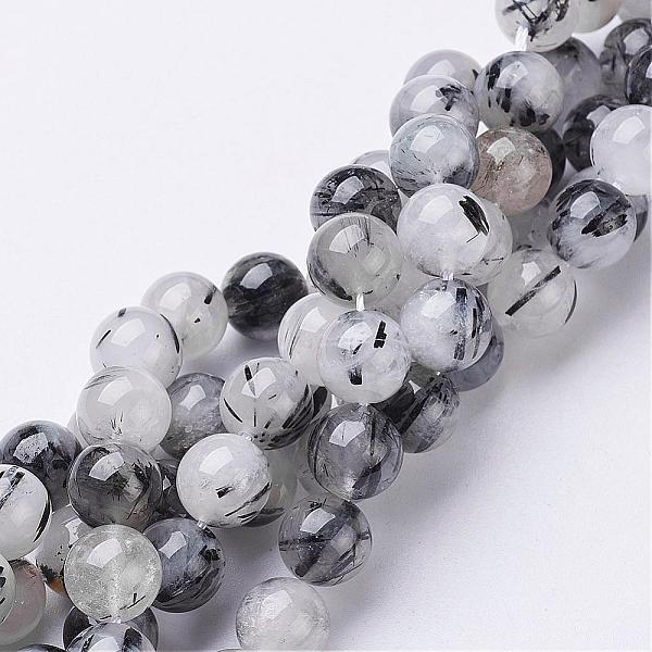 PandaHall Natural Black Rutilated Quartz Beads Strands, Round, 10mm, Hole: 1mm, 19pcs/strand, 8 inch Rutilated Quartz Round