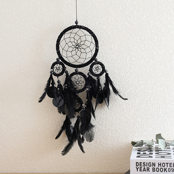 

PandaHall Woven Web/Net with Feather Pendant Decorations, with Polyester Cord and Iron Finding, Black, 460x160x5mm Feather Others Black