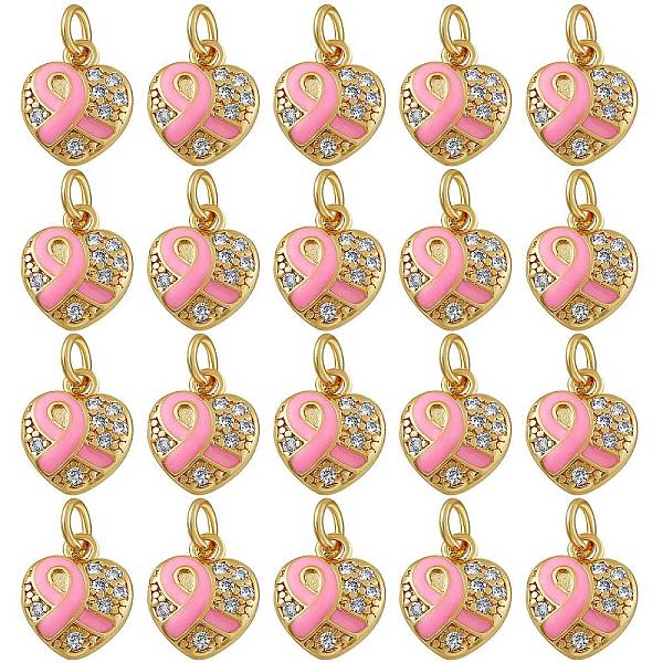 

PandaHall 20Pcs Brass Micro Pave Clear Cubic Zirconia Charms, with Jump Rings, Real 18K Gold Plated, Heart with Awareness Ribbon, Pearl Pink...