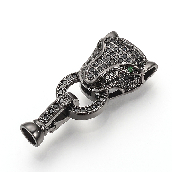 

PandaHall Brass Micro Pave Cubic Zirconia Fold Over Clasps, Cheetah Head, Gunmetal, 31mm, Hole: 2mm Brass+Cubic Zirconia