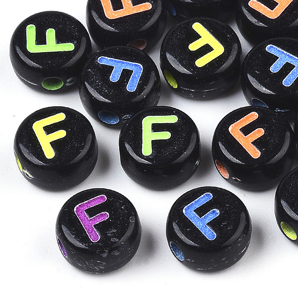 

PandaHall Opaque Black Acrylic Beads, Horizontal Hole, Flat Round with Mixed Color Letter, Letter.F, 7x4mm, Hole: 1.6mm, about 3600pcs/500g..., Multicolor