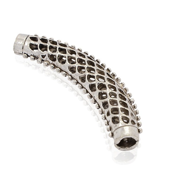 

PandaHall Tibetan Style Alloy Hollow Curved Tube Beads, Curved Tube Noodle Beads, Antique Silver, 63x13x8mm, Hole: 4x5mm Alloy Tube