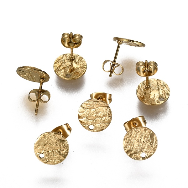 

PandaHall Ion Plating(IP) 304 Stainless Steel Stud Earring Findings, with Earring Backs & Loop, Textured, Flat Round, Golden, 10mm, Hole...
