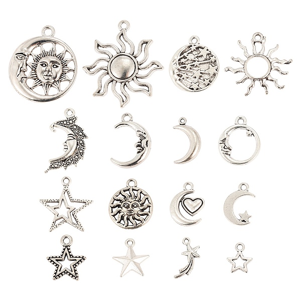 

PandaHall 96Pcs Moon & Sun & Geometry Tibetan Style Alloy Pendants, Celestial Pendants, Antique Silver, 18x10.5x4mm, Hole: 1mm, 6Pcs/Style...