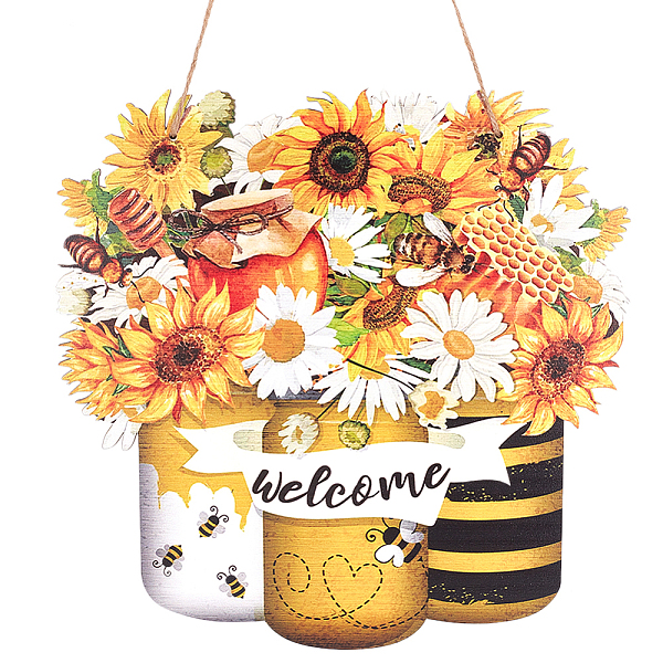 

PandaHall DIY Wooden Pendants Decorations, for Hanging Craft Making, Bee & Sunflower with Word Welcome, Honeydew, 292x296x4mm, Hole: 3.5mm..., Green