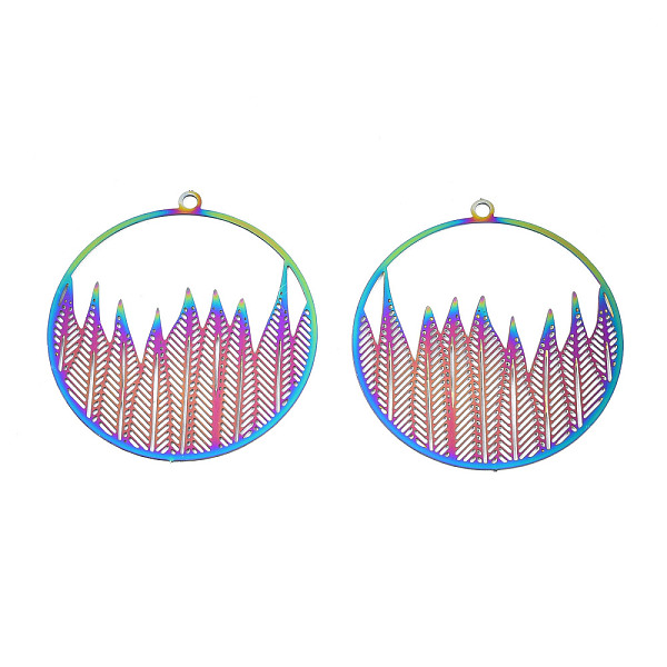 

PandaHall Ion Plating(IP) 201 Stainless Steel Filigree Pendants, Etched Metal Embellishments, Flat Round, Rainbow Color, 30x28x0.2mm, Hole...