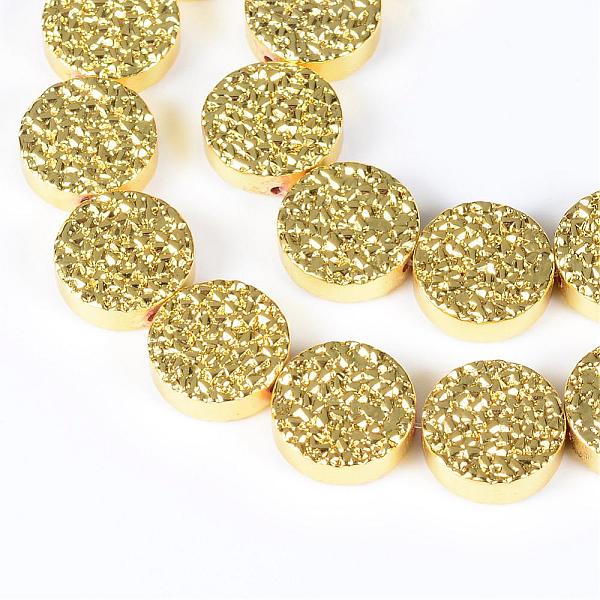 

PandaHall Electroplate Non-magnetic Synthetic Hematite Bead Strands, Flat Round, Golden Plated, 12~13x4~4.5mm, Hole: 1mm, about 32pcs/strand...