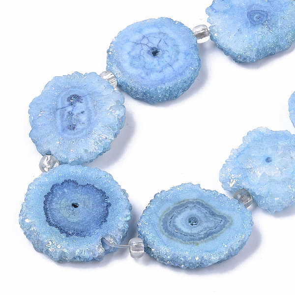 

PandaHall Electroplated Natural Quartz Beads Strands, Solar Quartz, Dyed, Flower, Light Sky Blue, 12~25x12~25x5mm, Hole: 1.2mm, about...