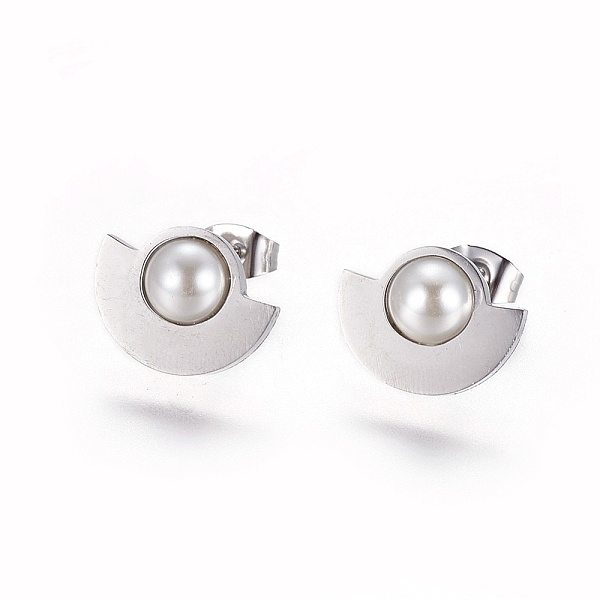 PandaHall 304 Stainless Steel Stud Earrings, with Acrylic Pearl Beads and Ear Nuts/Earring Back, Fan, Gainsboro, Stainless Steel Color...