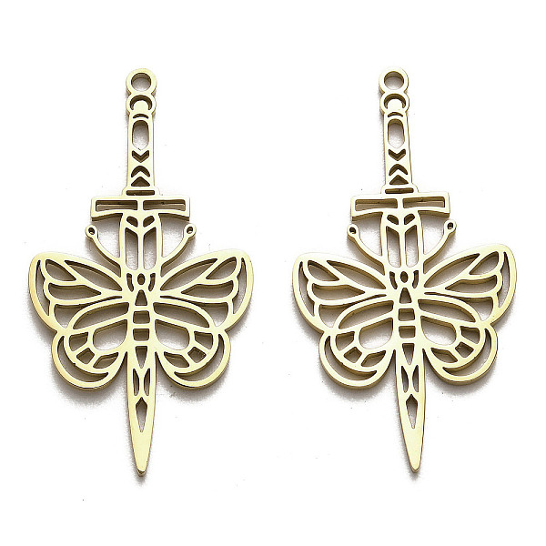 

PandaHall 304 Stainless Steel Pendants, Laser Cut, Sword with Butterfly Charm, Golden, 43x22.5x1.5mm, Hole: 1.8mm 304 Stainless Steel Others