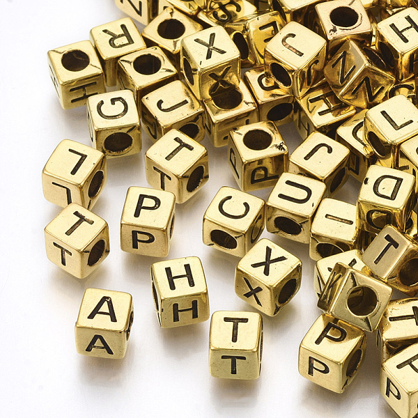 

PandaHall Antique Style Acrylic Beads, Horizontal Hole, Cube with Initial Letter, Antique Golden Plated, 6x6x6mm, Hole: 3mm, about...