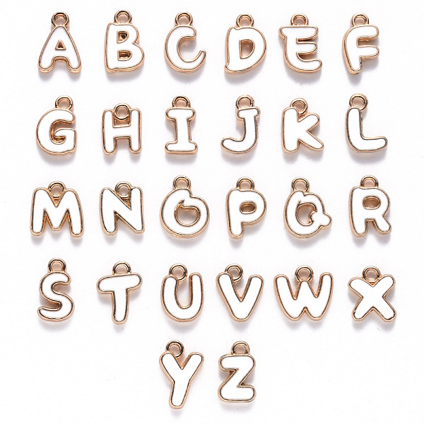 

PandaHall Alloy Enamel Charms, Enamelled Sequins, Cadmium Free & Nickel Free & Lead Free, Light Gold, Alphabet Shape, Letter A~Z, White...