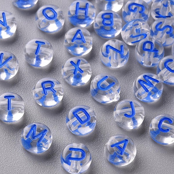 

PandaHall Transparent Clear Acrylic Beads, Horizontal Hole, Flat Round with Random Letter, Blue, 7x4mm, Hole: 1.6mm, about 3700pcs/500g...