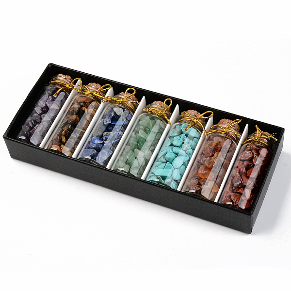 

PandaHall Mini Glass Wishing Bottles, with Gemstone Chip Beads inside, for Home Decoration, 5~15x3~7x2~6mm, Bottle: 65x24mm, 7bottle/box...