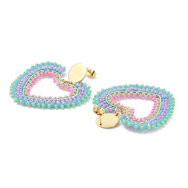 

PandaHall Vacuum Plating 304 Stainless Steel Earrings, Glass Seed Beaded Heart Dangle Stud Earrings, Colorful, 50mm Seed Beads Heart