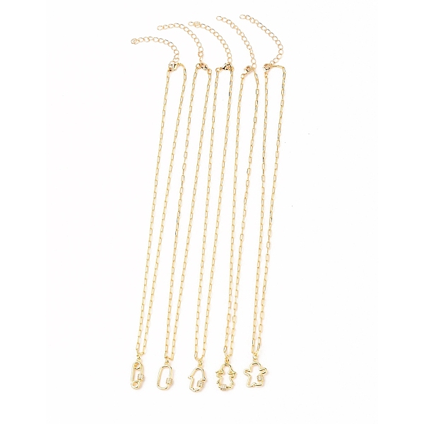 

PandaHall Brass Micro Pave Clear Cubic Zirconia Pendant Necklaces Sets, with Paperclip Chains & Lobster Claw Clasps, Mixed Shapes, Golden...