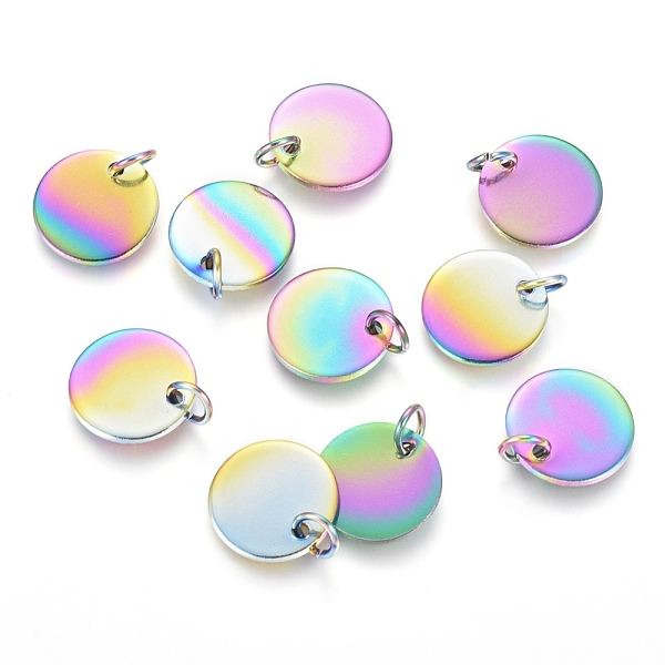 PandaHall Ion Plating(IP) 304 Stainless Steel Charms, Stamping Blank Tag, with Jump Rings, Flat Round, Rainbow Color, 12x1mm, Hole: 3.5mm...