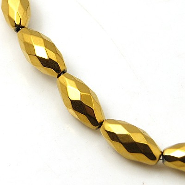 

PandaHall Non-magnetic Synthetic Hematite Beads Strands, Faceted, Rice, Golden Plated, 12x6mm, Hole: 1mm, about 34pcs/strand, 15 inch..., Gold