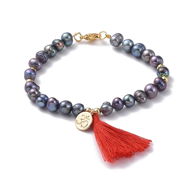 

PandaHall Natural Baroque Pearl Keshi Pearl, Cultured Freshwater Pearl Beads Charm Bracelets, with Cotton Thread Tassels, Brass Om Symbol..., Multicolor