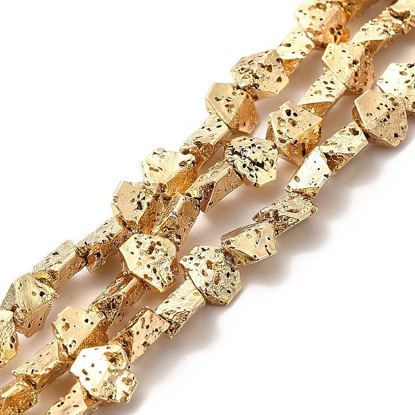 

PandaHall Electroplated Natural Lava Rock Beads Strands, Hexagon, Light Gold Plated, 5.5x6.5x3mm, Hole: 1mm, about 67~70pcs/strand...