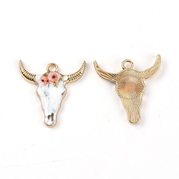 

PandaHall Zinc Alloy Enamel Pendants, Ox-Head Shape with Flower Pattern Charms, Pink, 22x21x2.5mm, Hole: 2mm Alloy+Enamel Cattle Pink