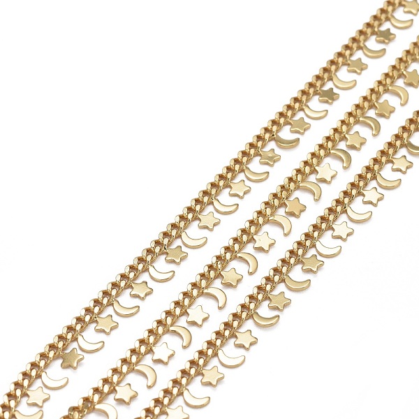 

PandaHall Brass Curb Chains, with Star & Moon Brass Charms and Spool, Long-Lasting Plated, Soldered, Real 18K Gold Plated, Link: 3.5x2.5x1mm...