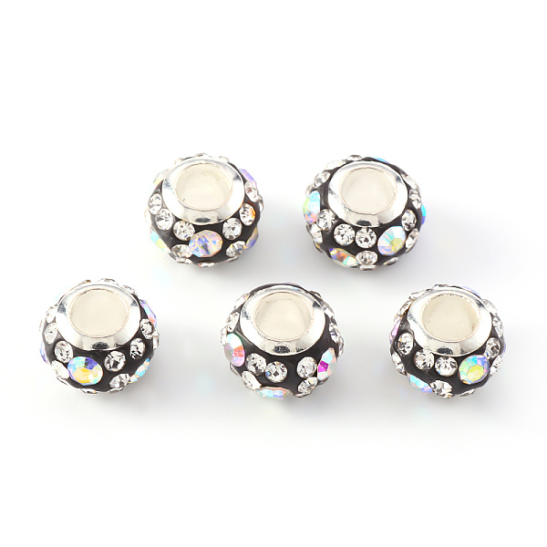 

PandaHall Handmade Polymer Clay Rhinestone European Beads, Large Hole Beads, with Brass Silver Color Core, Rondelle, Black, 11x7.5mm, Hole...