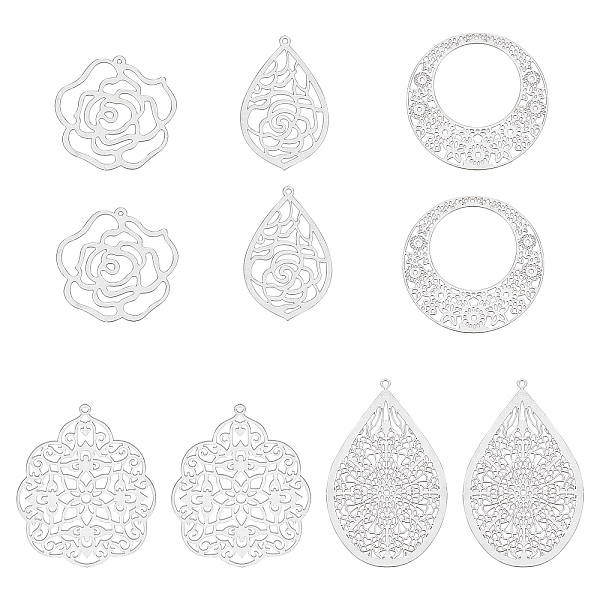 

PandaHall DICOSMETIC 10pcs 5 Style 304 Stainless Steel Flower Charms Donut with Flower Pendants Teardrop with Rose Charms Laser Cut Charms...