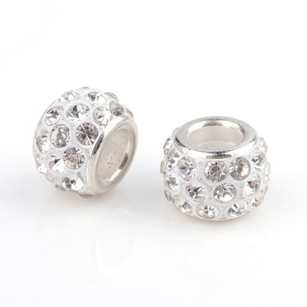 

PandaHall Polymer Clay Rhinestone European Beads, Large Hole Beads, Rondelle, with Silver Color Plated Brass Cores, Crystal, 10~12x7~8mm..., Clear