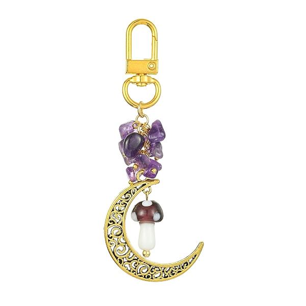 

PandaHall Hollow Moon Alloy Pendant Decoraiton, with Gemstone Chip Beads and Mushroom Handmade Lampwork Beads, Alloy Swivel Clasps, 95mm...