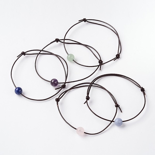 

PandaHall Adjustable Cowhide Leather Cord Bracelets, with Natural Mixed Stone Round Beads, 60mm Mixed Stone