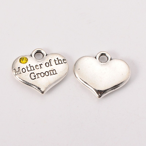 

PandaHall Wedding Theme Antique Silver Tone Tibetan Style Alloy Heart with Mother of the Groom Rhinestone Charms, Cadmium Free & Lead Free..., Orange