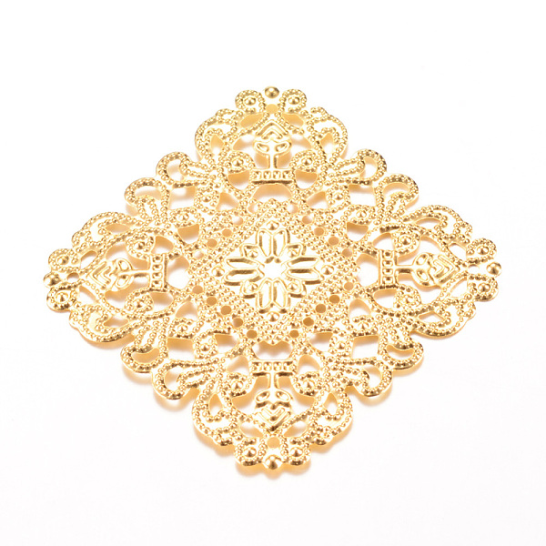 

PandaHall Iron Links, Etched Metal Embellishments, Rhombus, Light Gold, 51x51x1mm, Hole: 1mm, side: 40mm Iron Rhombus