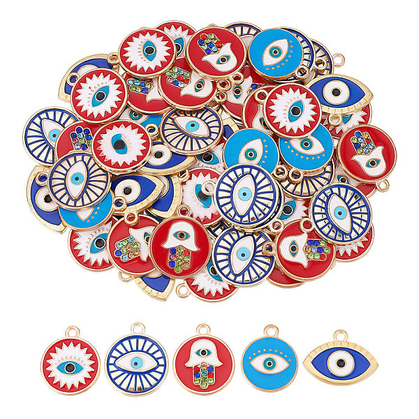 PandaHall DICOSMETIC 70Pcs 5 Style Alloy Enamel Pendants, Cadmium Free & Lead Free, Light Gold, Flat Round with Hamsa & Evil Eye, Mixed...