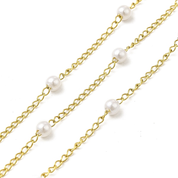 

PandaHall Ion Plating(IP) 316 Surgical Stainless Steel Curb Chains, Glass Pearl Round Charm Chain, Soldered, with Spool, Real 18K Gold...