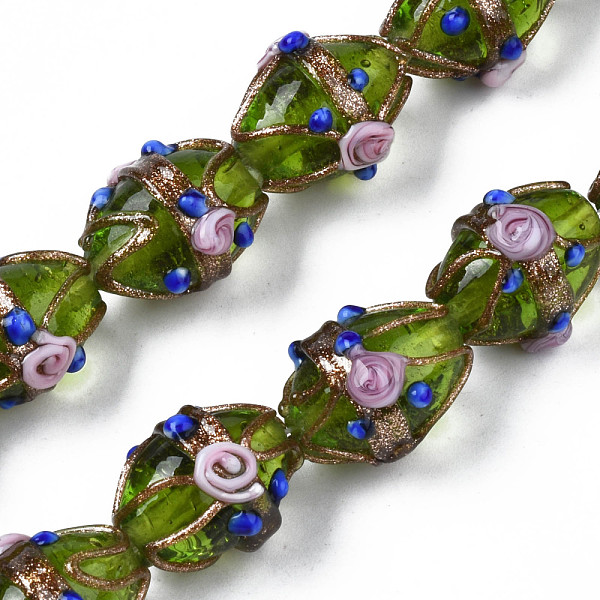 

PandaHall Handmade Gold Sand Lampwork Beads Strands, Ovald with Flower, Olive, 16~17x13~15x12~13mm, Hole: 1.4~1.8mm, about 30pcs/strand..., Green