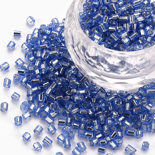 

PandaHall 8/0 Glass Bugle Beads, Silver Lined, Cornflower Blue, 2.5~3x2.5mm, Hole: 1mm, about 15000pcs/pound Glass