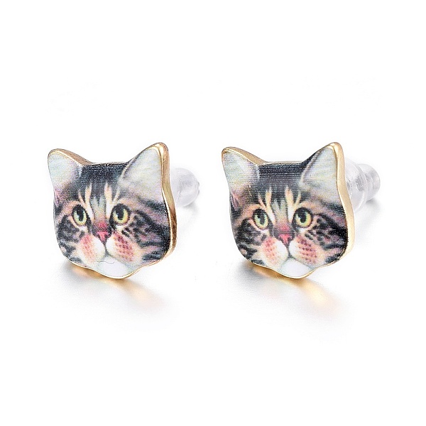 

PandaHall Real 14K Gold Plated Alloy Kitten Stud Earrings, with Enamel and Environment Stainless Steel Pin, Printed, Cat Pattern, Light Grey..., Gray