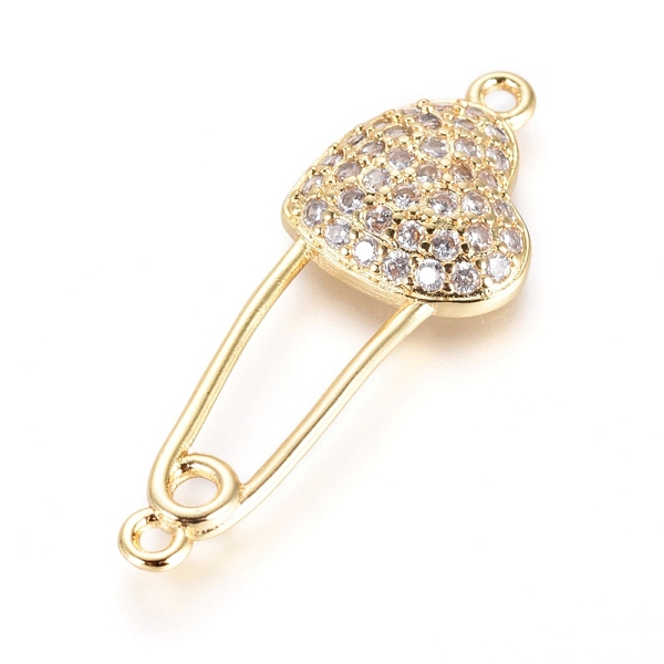 

PandaHall Brass Micro Pave Cubic Zirconia Links connectors, Safety Pin Shape with Heart, Clear, Golden, 34x12x4mm, Hole: 1.5mm Brass+Cubic...