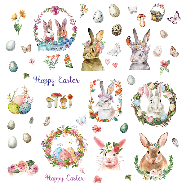 PandaHall CRASPIRE Happy Easter Wall Decals Bunny Wall Stickers 8 Sheets Egg Flower Window Stickers Waterproof Removable Vinyl Wall Art for...