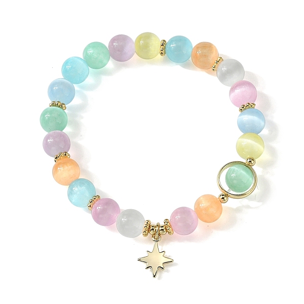 

PandaHall Candy Color 8mm Round Natural Selenite Beaded Stretch Bracelets, Golden Tone Brass Star Charm Bracelets for Women, Inner Diameter...
