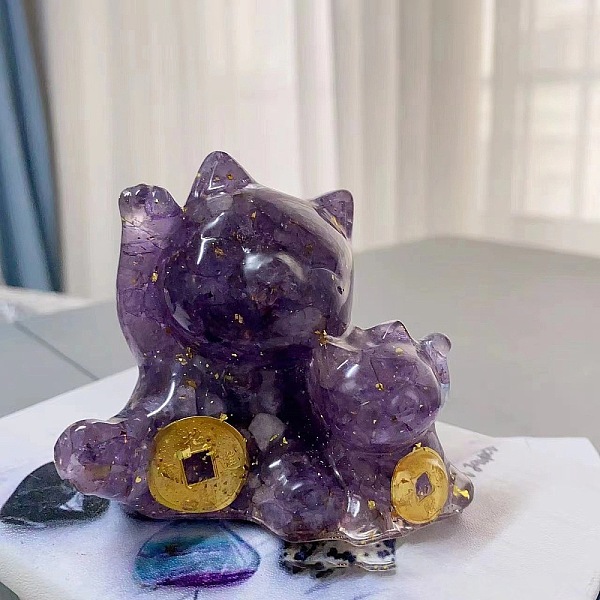 

PandaHall Gold Foil Resin Fortune Cat Display Decoration, with Natural Amethyst Chips inside Statues for Home Office Decorations, 65x60x70mm...