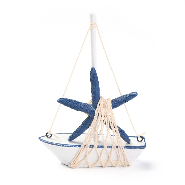 

PandaHall Mediterranean Style Natural Wood Display Decorations, Sailboat with Starfish, Marine Blue, 110x28x170mm Wood Vehicle