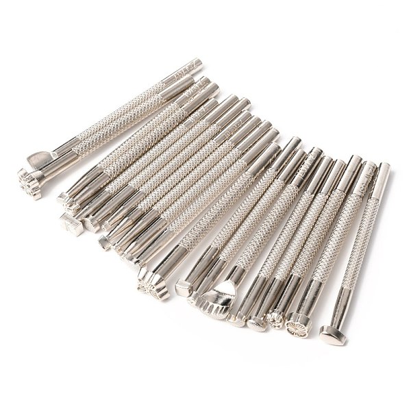 

PandaHall Leather Carving Printing Tool Sets, of DIY Belt, Wooden Handicraft Printing, Platinum, 10.9x0.95x0.65cm, 20pcs/Set Alloy