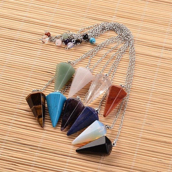

PandaHall Platinum Tone Brass Natural & Synthetic Mixed Stone Cone Hexagonal Pointed Dowsing Pendulums, with Lobster Claw Clasps, 230x3mm...