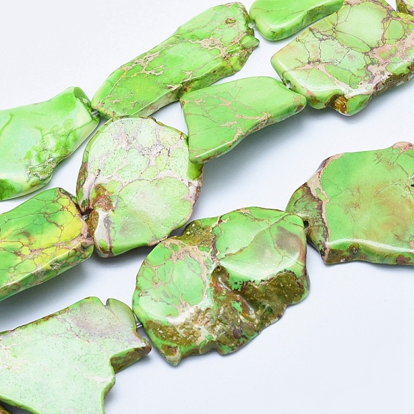

PandaHall Natural Imperial Jasper Beads Strand, Dyed, Nuggets, Yellow Green, 20~62x15~50x4~7mm, Hole: 1~1.5mm, 7~11pcs/strand, 15.35...