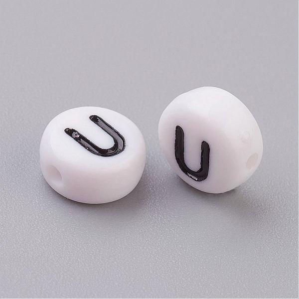 Flat Round With Letter U Acrylic Beads