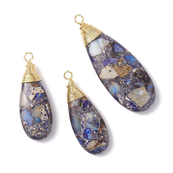 

PandaHall 3Pcs Natural Regalite/Imperial Jasper/Sea Sediment Jasper Pendants, with Light Gold Tone Copper Wire, Colorful, Teardrop...